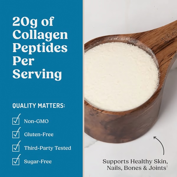 This ad creative features a clear split-screen design comparing a detailed product shot of Collagen Peptides in a scoop with a list of quality certifications.